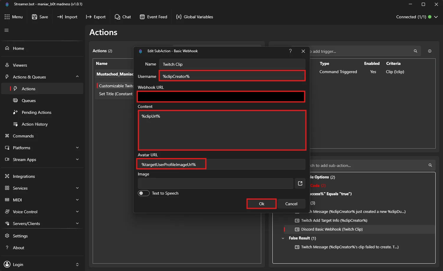 Discord Webhook for Twitch Clip Creator Action in Streamer.bot