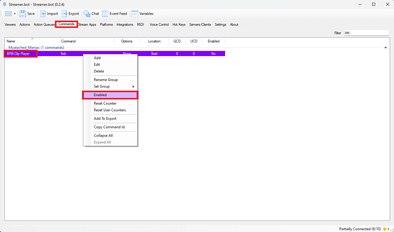 Enabling the command for BRB Video Clips to Streamer.bot