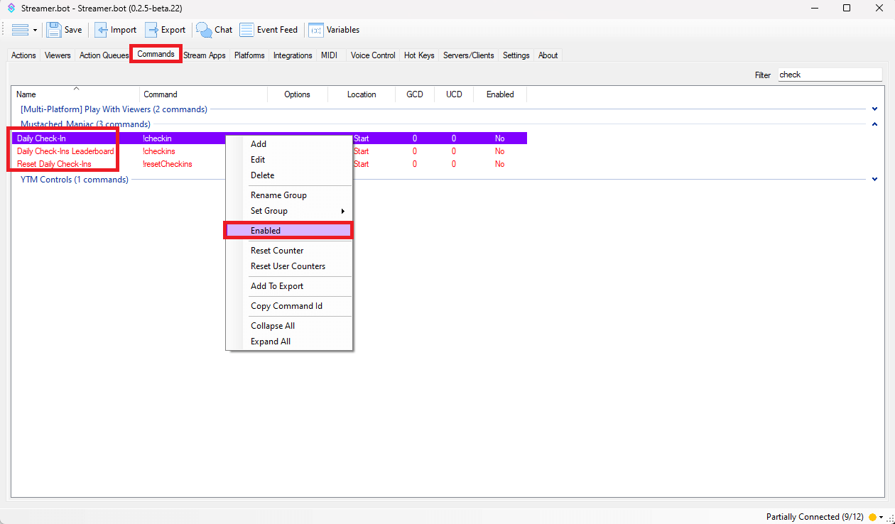 Enabling commands for daily check-ins to Streamer.bot