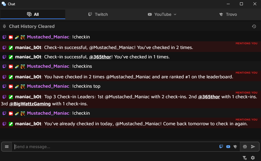 Example of daily check-ins to Streamer.bot