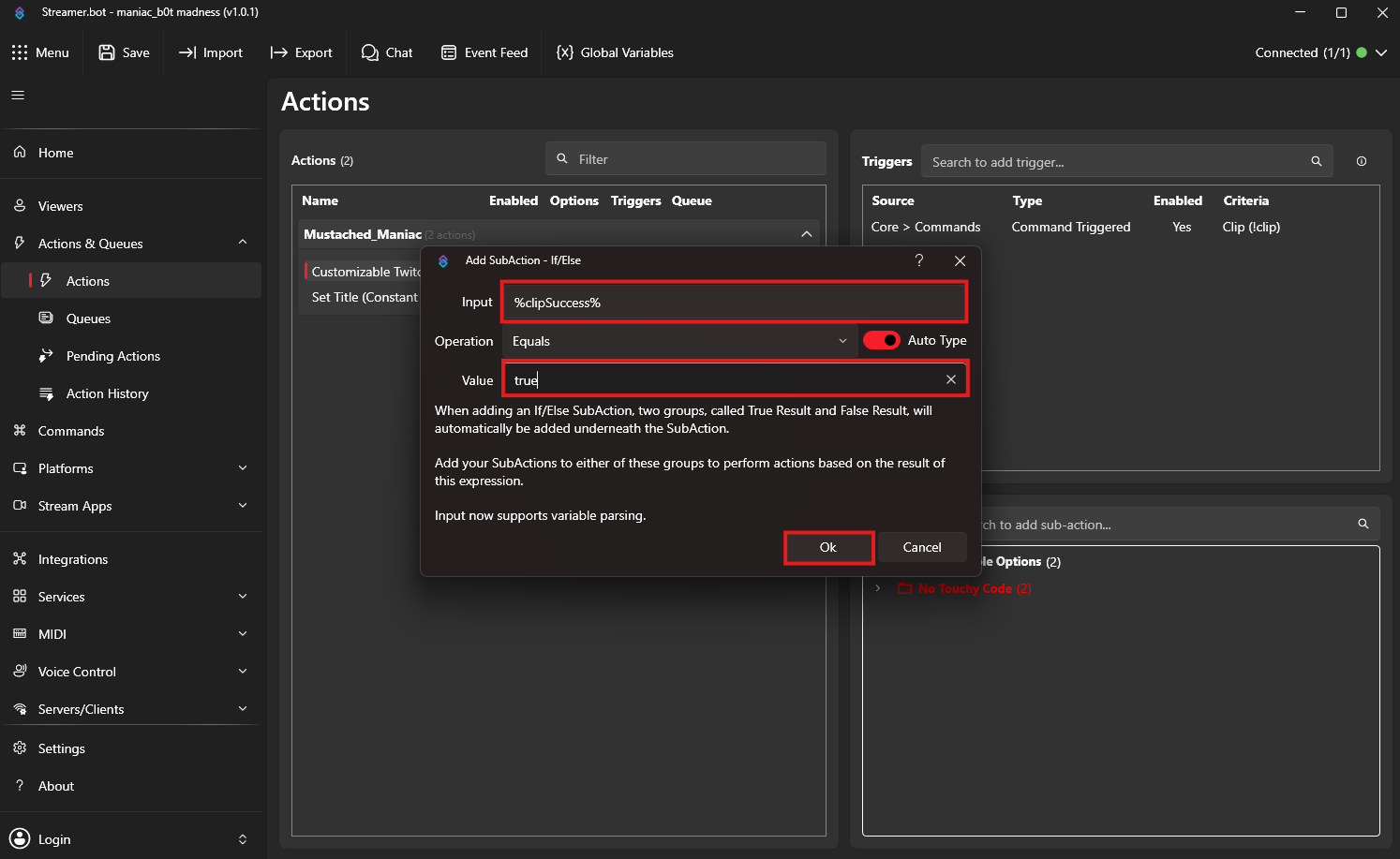 If/Else Twitch Clip Creator Action in Streamer.bot