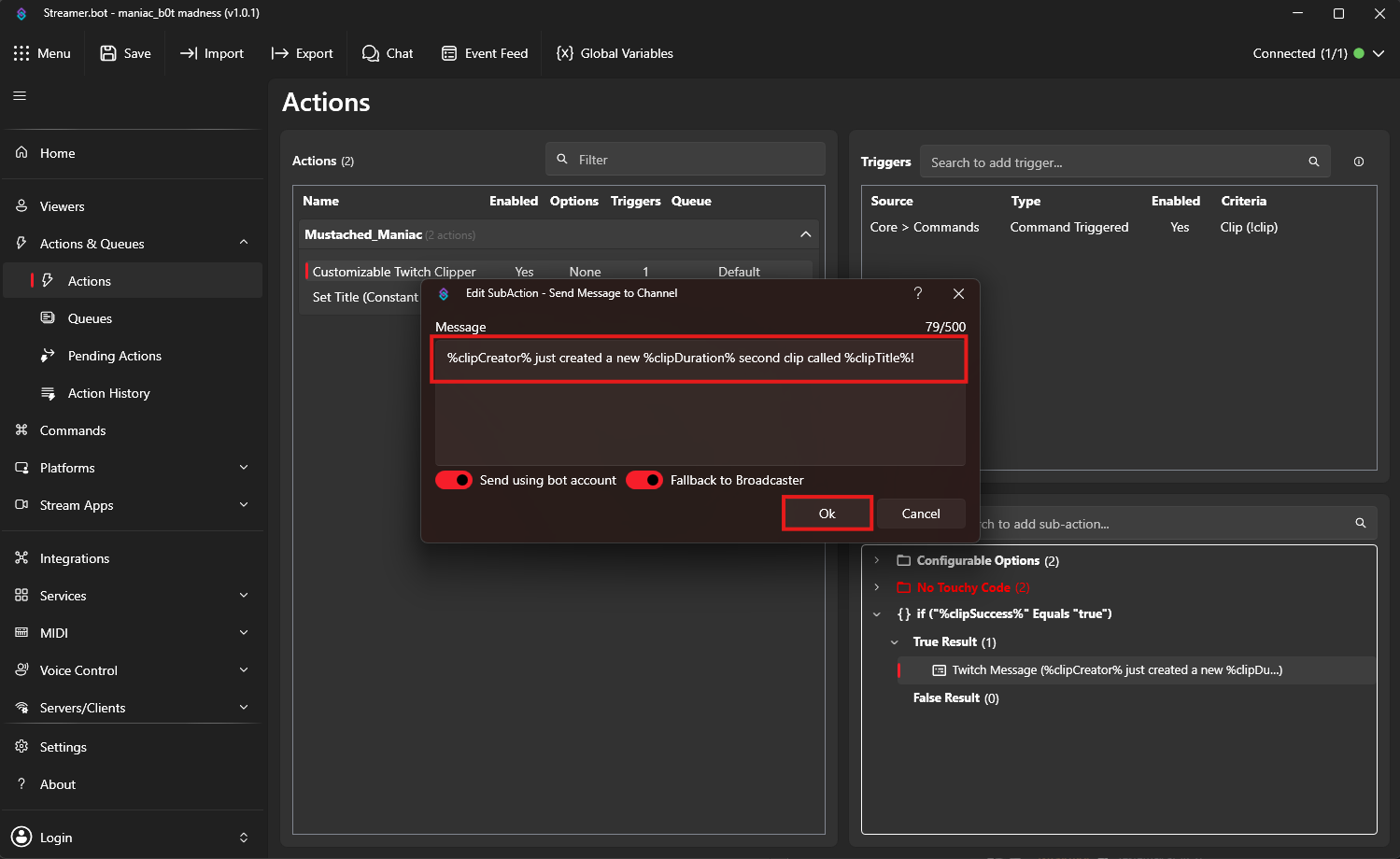 Chat Message for Twitch Clip Creator Action in Streamer.bot