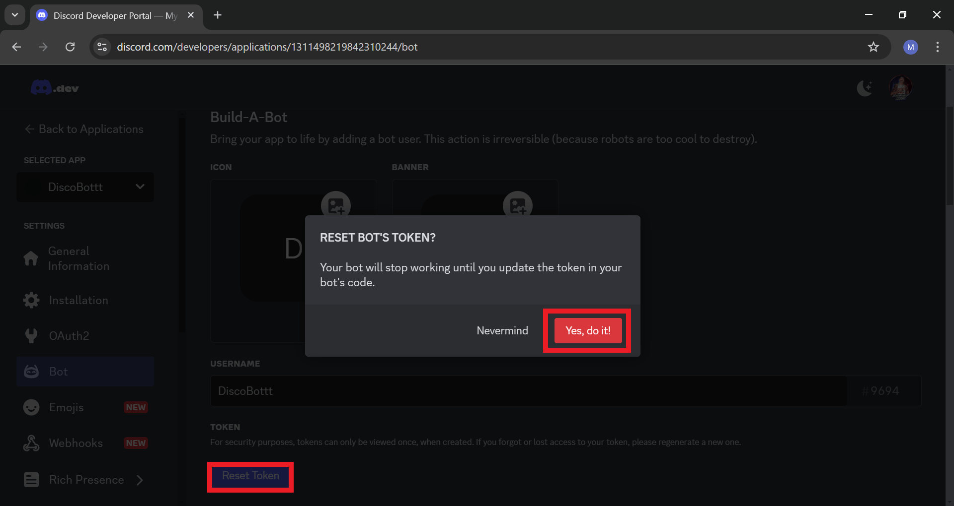 Resetting Discord bot token