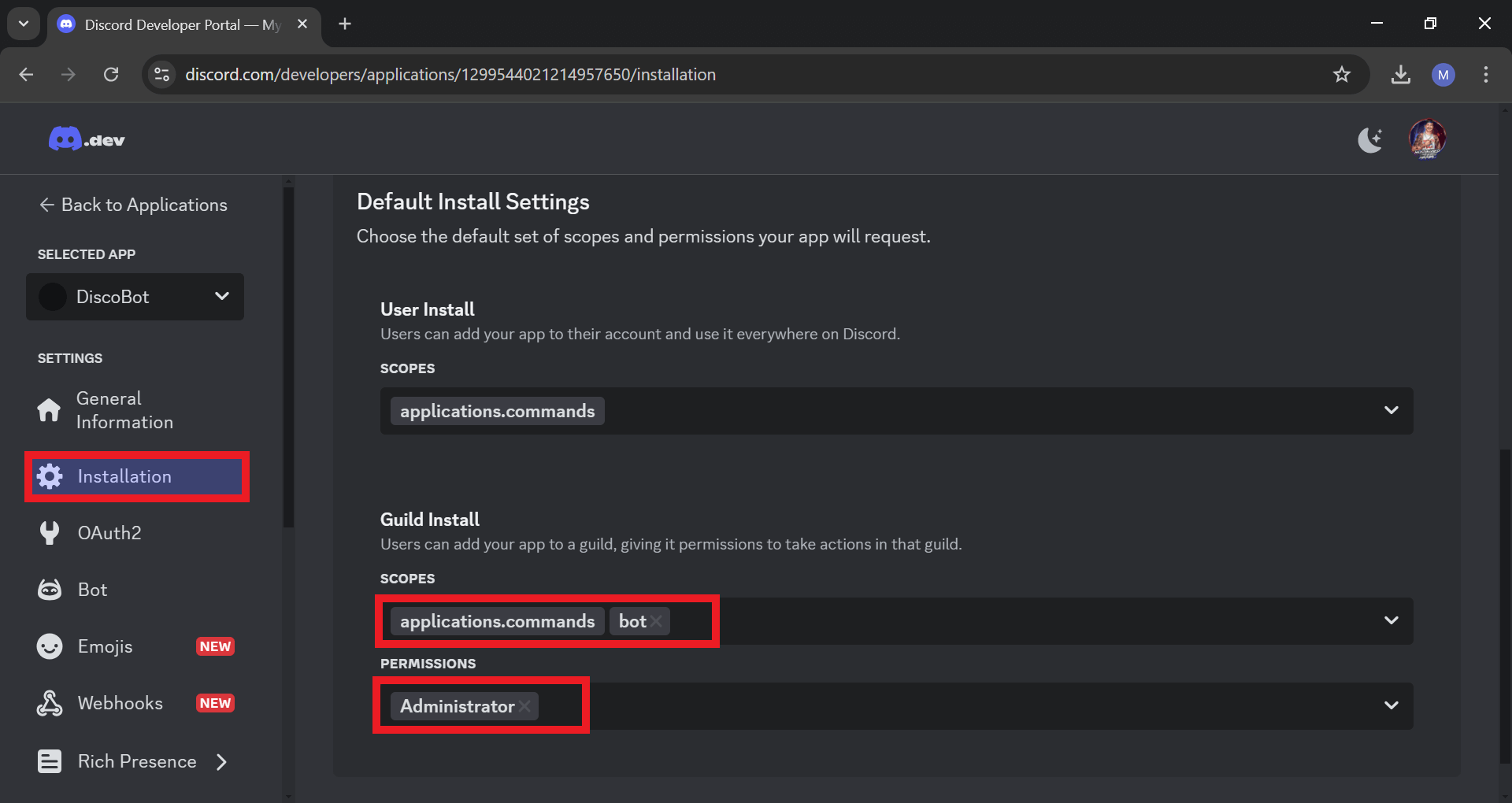 Discord bot installation permissions