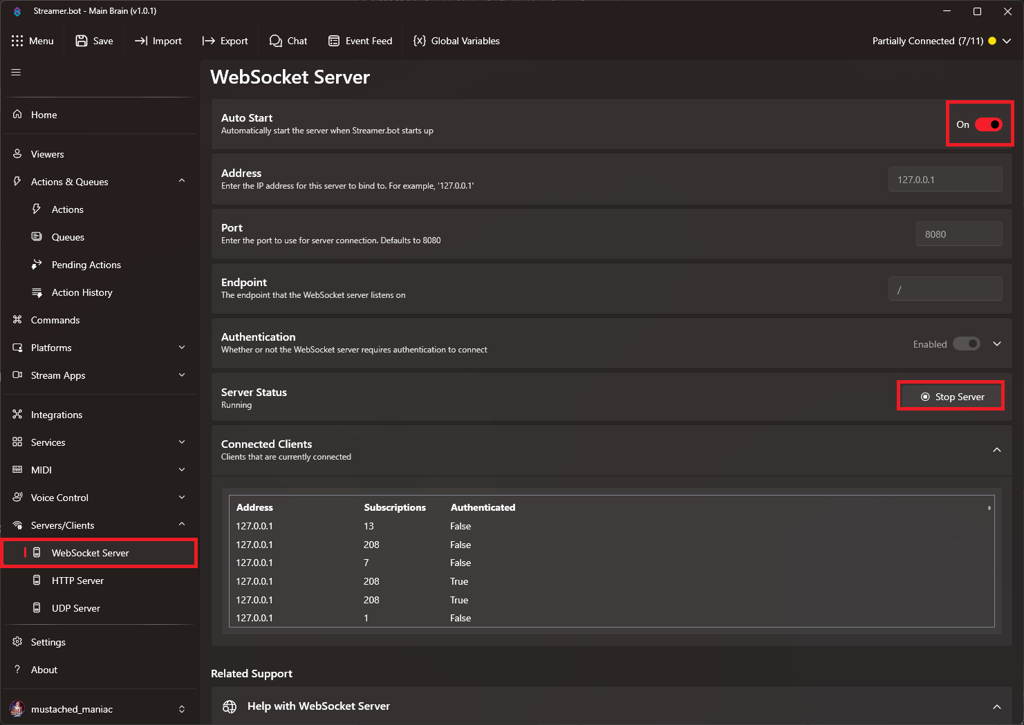 Enabling the WebSocket Server in Streamer.bot