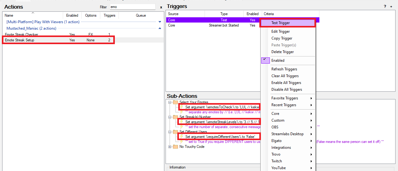 Adjusting settings for emote streaks in Streamer.bot