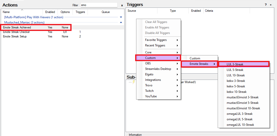 Using custom triggers for emote streaks in Streamer.bot