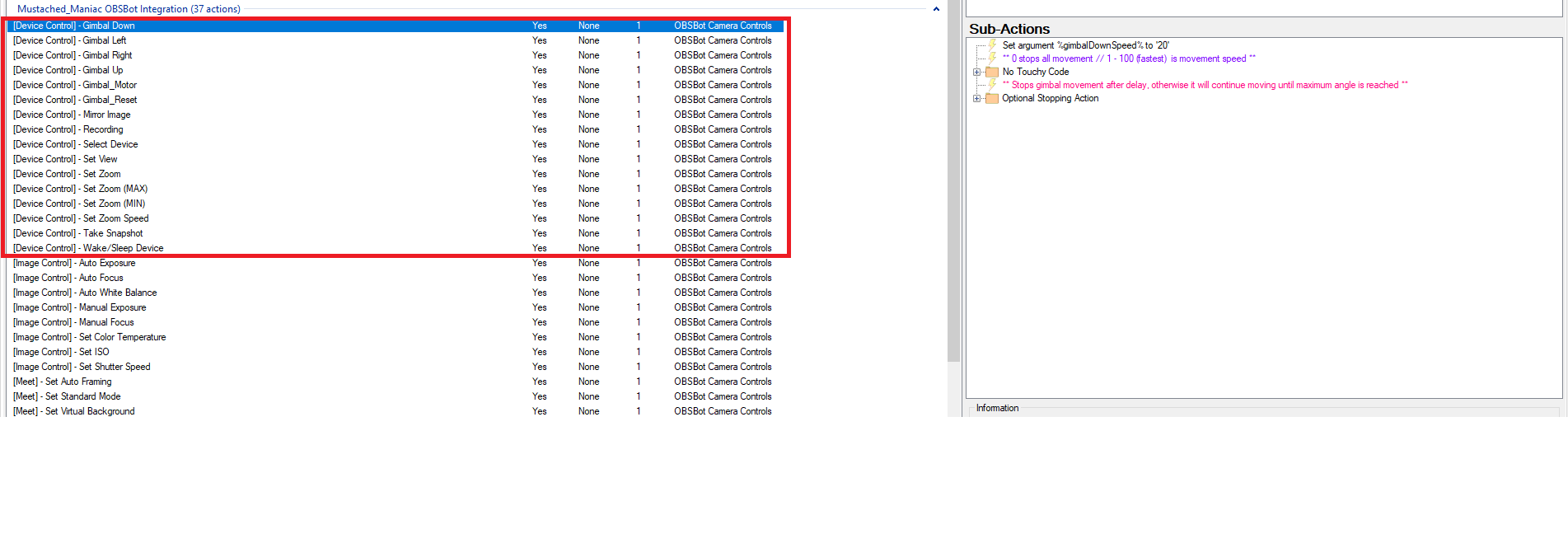 OBSBot Camera Integration Device Control Actions