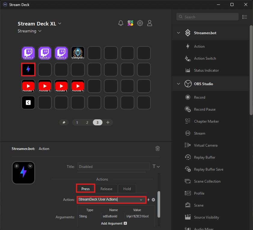 Assigning Streamer.bot User Action to Stream Deck Button Press