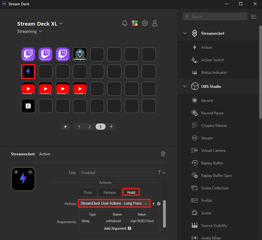 Assigning Streamer.bot User Action to Stream Deck Button Hold