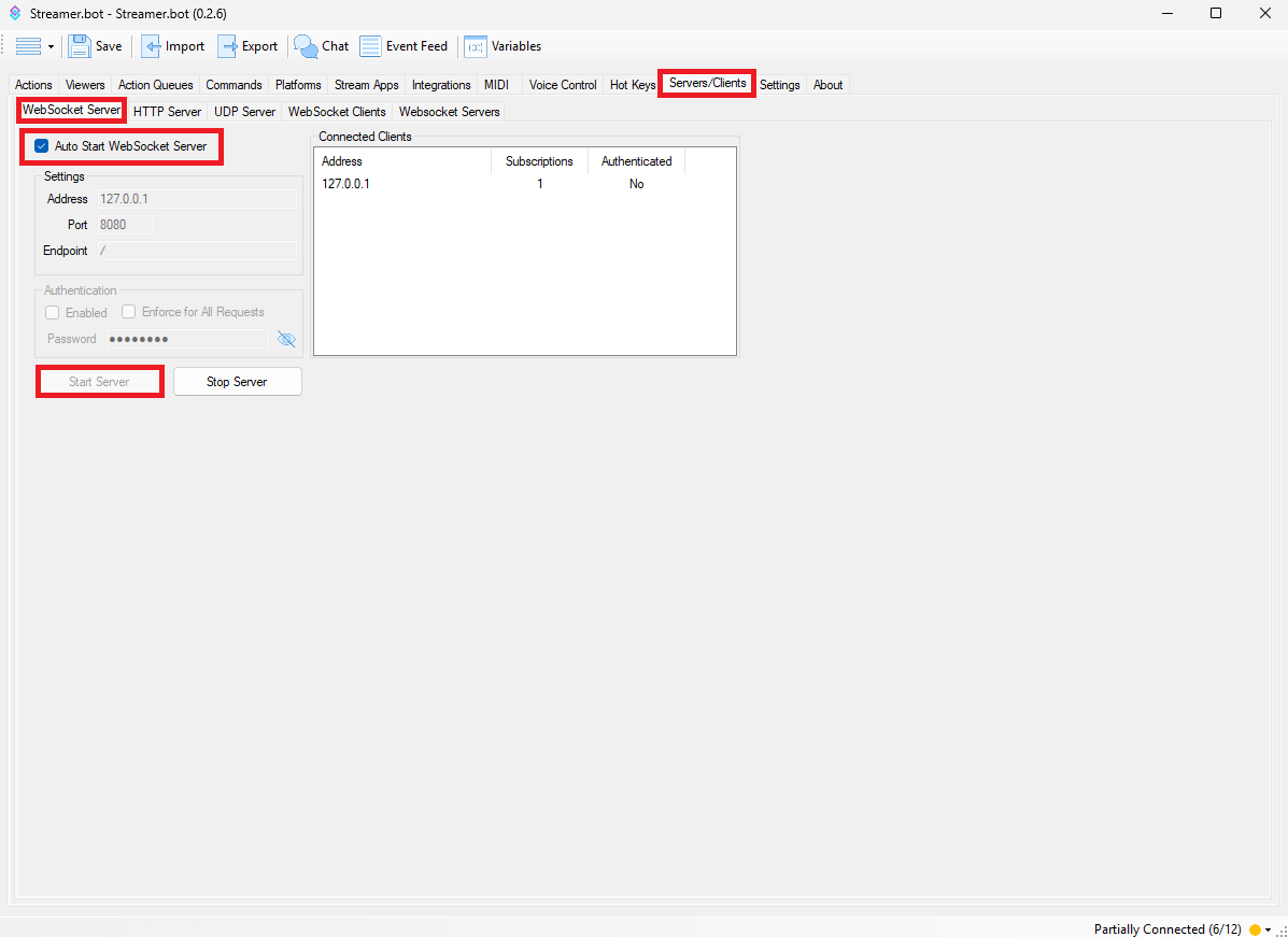 Enabling the WebSocket Server in Streamer.bot