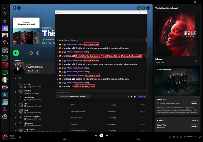 Enabling and disabling song names in chat for Spotify Live Streaming