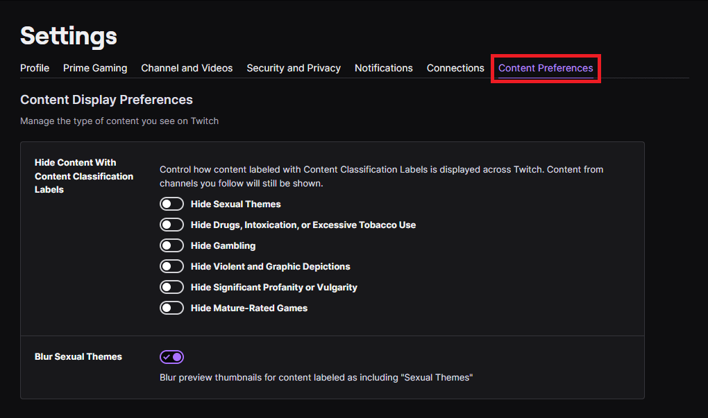 Twitch Content Classification Label Settings