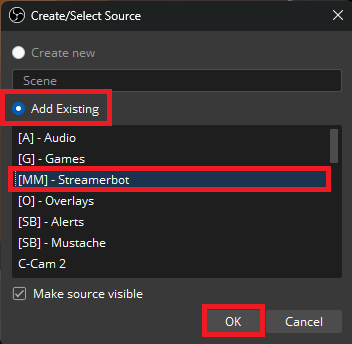 Select the existing scene as a source in OBS