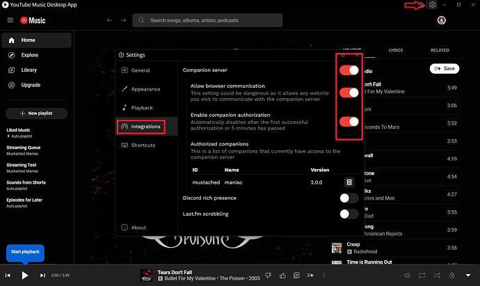 YouTube Music Desktop Settings Page